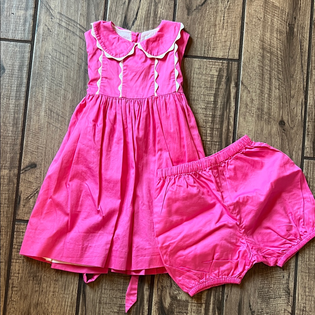 Rachel Riley Pink Girls Dress With White Ricrac And Lining.